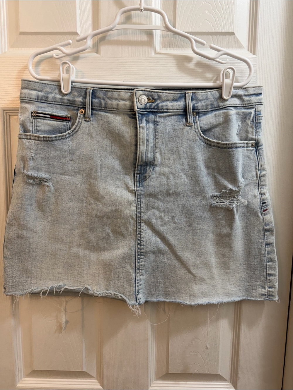 Tommy Hilfiger Light Blue Denim Mini Skirt with Frayed Hem